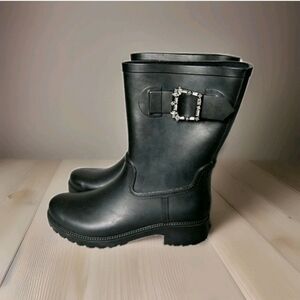 Time And Tru Rain Boots Womens Size 7 Black Slip On Rubber Shoes Embellished NEW